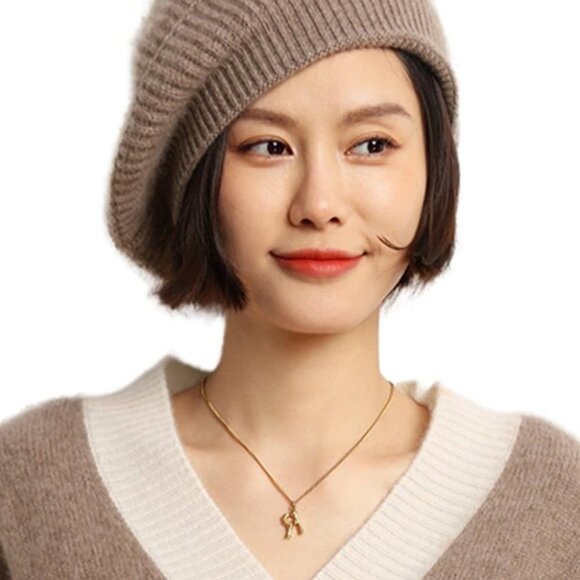 Cashmere Berets Hats Women Winter Warm Merino Wool Knitted Oversized Beige Beani - Picture 1 of 4